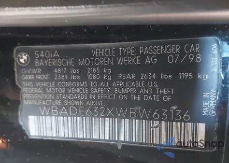 1998 BMW 540Ia from USA, damaged, VIN WBADE632XWBW63136